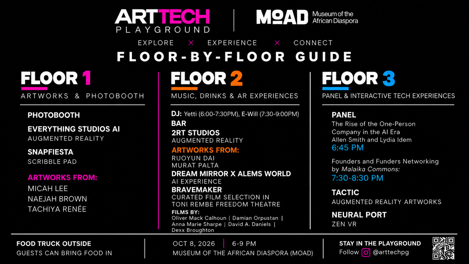 ArtTech Playground x Museum of the African Diaspora floor-by-floor guide, October 8, 2026, 6–9 PM. Floor 1: artworks and photobooth — Photobooth, Everything Studios AI augmented reality, SnapFiesta scribble pad, and artworks from Micah Lee, Naejah Brown and Tachiya Renée. Floor 2: music, drinks and AR experiences — DJs Yetti (6:00–7:30 PM) and E-Will (7:30–9:00 PM), bar, 2RT Studios augmented reality, artworks from Ruoyun Dai and Murat Palta, Dream Mirror x Alems World AI experience, and a Bravemaker curated film selection in the Toni Rembe Freedom Theatre with films by Oliver Mack Calhoun, Damian Orpustan, Anna Marie Sharpe, David A. Daniels and Dexx Broughton. Floor 3: panel and interactive tech experiences — panel 'The Rise of the One-Person Company in the AI Era' with Allen Smith and Lydia Idem at 6:45 PM, Founders and Funders networking by Malaika Commons from 7:30–8:30 PM, Tactic augmented reality artworks, and Neural Port Zen VR. Food truck outside; guests can bring food in. Follow @arttechpg on Instagram.